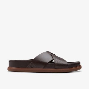 Mens Torford Cross Brown Leather Flat Slide Sandals