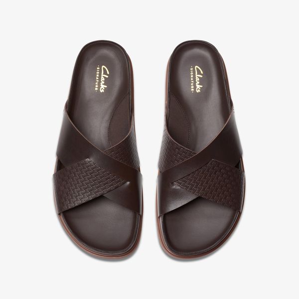 Mens Torford Cross Brown Leather Flat Slide Sandals - Image 6